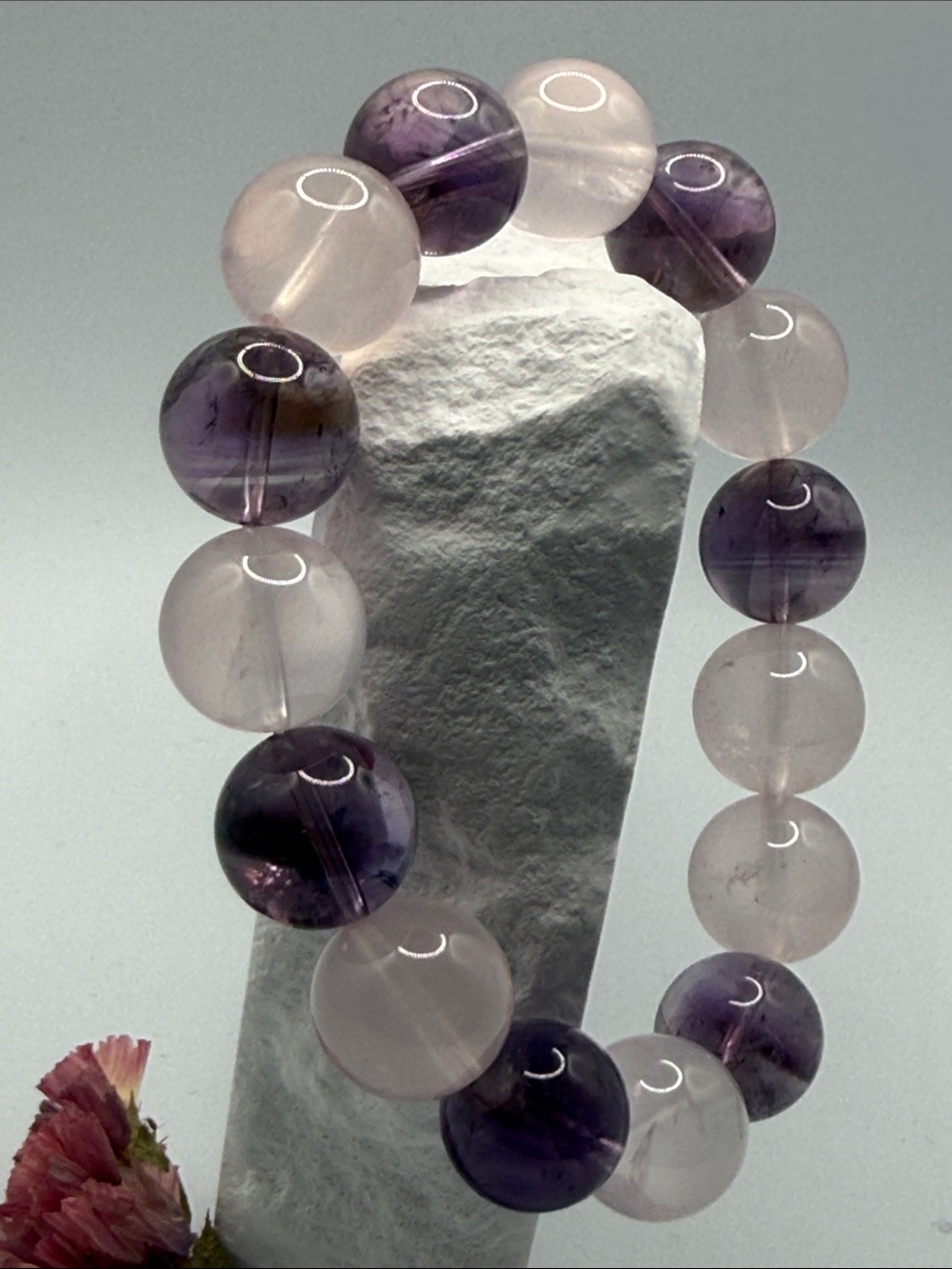 Amethyst & Rose Quartz Beaded Stretch Bracelet - Purple and Pink - Picture 4 of 7